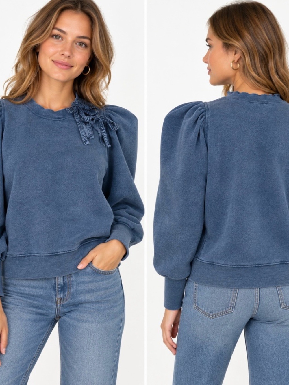 Ulla Johnson Harper Bow Acid Wash Puff Shoulders Blue Cotton Cropped Sweatshirt